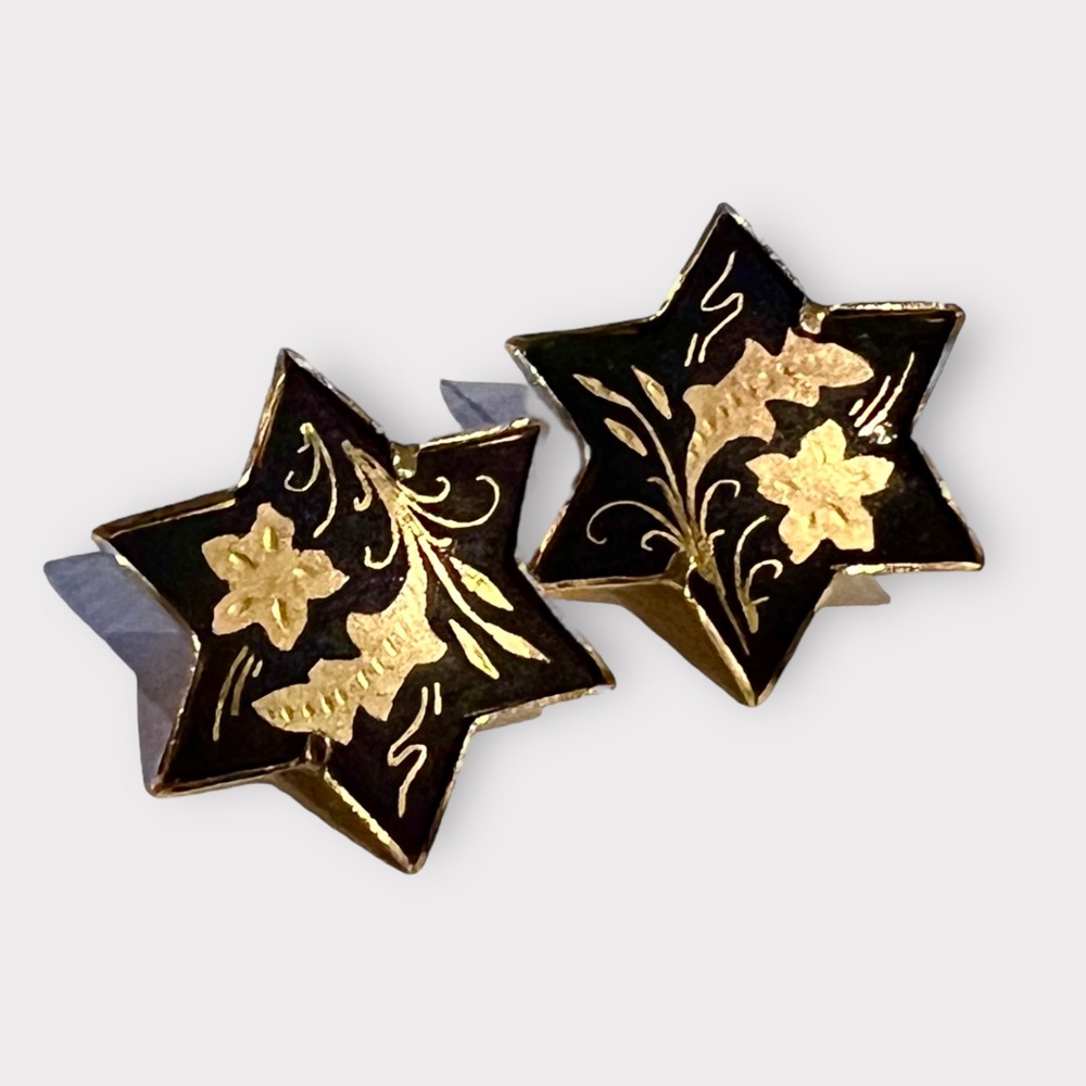 Vintage Damascene Star Shaped Black and Gold Clip Earrings